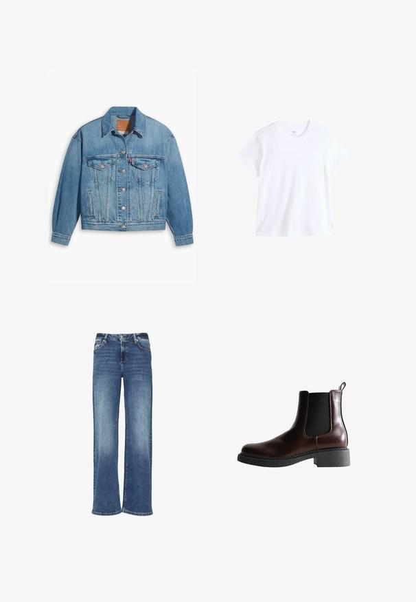 Hellblaues Denim-Jackett mit klassischem Design, Knopfleiste und zwei Brusttaschen. Verfügt über einen spitzen Kragen und leicht übergroße Ärmel.; Weißes Baumwoll-T-Shirt mit kurzen Ärmeln, rundem Ausschnitt und geradem Saum. Mit kleinem rotem Logostreifen an der unteren linken Seite.; Weite blaue Denim-Jeans mit einem verblassten Waschung, Knopfverschluss und Fünf-Taschen-Design. Merkmale sind gerade und lockere Passform.; Braune Leder-Boots mit elastischen Seitenteilen, runder Spitze und einer strukturierten schwarzen Gummisohle. Verfügt über kontrastierende Nähte und eine Ziehlasche.