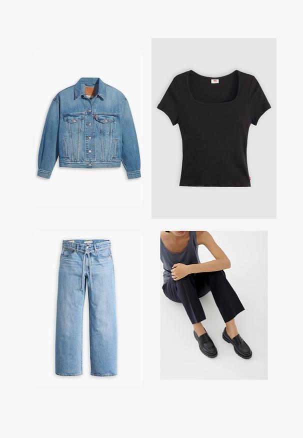 Veste en denim bleu clair au design classique, fermeture à boutons à l'avant et deux poches poitrine. Dotée d'un col pointu et de manches légèrement oversize.; Haut noir à manches courtes en tissu côtelé, avec un décolleté carré large et une coupe ajustée, orné d'une petite étiquette logo rouge au bas.; Jeans en denim bleu clair à jambes larges avec une taille haute, fermeture à bouton et à glissière, et un détail à cordon à la taille. Finition à l'ourlet brut.; Mocassins en cuir noir avec accents texturés, talon bas, bout arrondi, et coutures visibles. Modèle portant un pantalon sombre et un haut gris.
