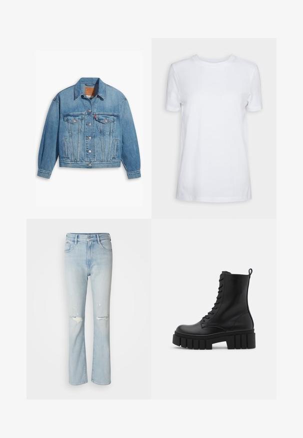 Hellblaues Denim-Jackett mit klassischem Design, Knopfleiste und zwei Brusttaschen. Verfügt über einen spitzen Kragen und leicht übergroße Ärmel.; Schlichtes weißes T-Shirt mit kurzen Ärmeln und Rundhalsausschnitt, normaler Passform und einem kleinen Innenhalsetikett mit der Aufschrift „SELECTED FEMME.“; Hellblaue Jeans mit hoher Taille, ausgestelltem Bein, ausgefransten Details und ausgeschnittenem Stoff an den Knien. Fünf-Taschen-Design.; Schwarze Lederknöchelstiefel mit klobiger, gerippter Sohle, Schnürung vorne und Zuglasche auf glattem weißen Hintergrund.