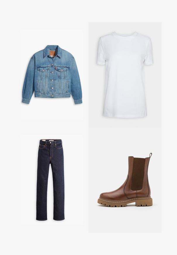 Lichtblauwe denimjas met een klassiek ontwerp, knoopsluiting aan de voorkant en twee borstzakken. Beschikt over een puntige kraag en licht oversized mouwen.; Effen wit T-shirt met korte mouwen en ronde hals, normale pasvorm en een klein label aan de binnenkant van de hals met de tekst "SELECTED FEMME."; Donkerblauwe straight-leg denim jeans met vijf zakken en zichtbare oranje stiksels op een witte achtergrond.; Bruine leren enkelboot met elastische panelen en een trekomed. Kenmerkt zich door een robuuste rubberen zool en zichtbare stiksels langs de randen.