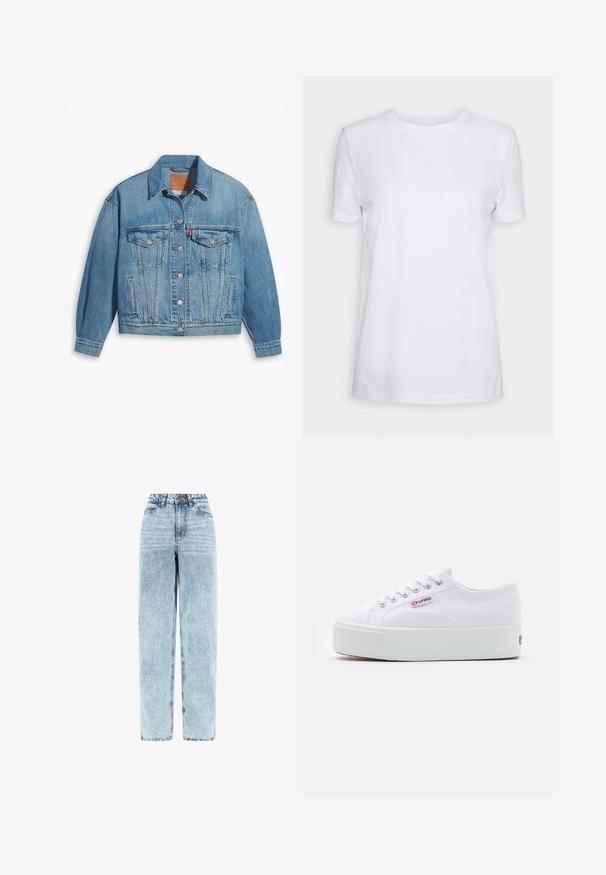 Veste en denim bleu clair au design classique, fermeture à boutons à l'avant et deux poches poitrine. Dotée d'un col pointu et de manches légèrement oversize.; T-shirt blanc uni à manches courtes, col rond, coupe régulière, avec une petite étiquette à l’intérieur du col indiquant "SELECTED FEMME."; Jean taille haute en denim bleu clair délavé, coupe droite, bouton et fermeture éclair à l’avant, poches avant.; Baskets en toile blanches avec une épaisse semelle plateforme blanche, bout rond et œillets en métal pour les lacets. Logo de la marque affiché sur le côté.