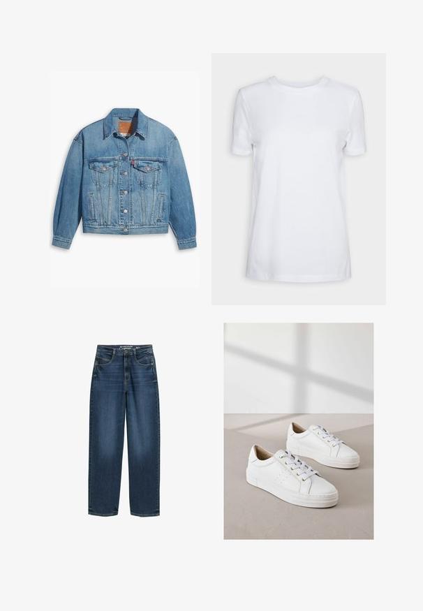 Lichtblauwe denimjas met een klassiek ontwerp, knoopsluiting aan de voorkant en twee borstzakken. Beschikt over een puntige kraag en licht oversized mouwen.; Effen wit T-shirt met korte mouwen en ronde hals, normale pasvorm en een klein label aan de binnenkant van de hals met de tekst "SELECTED FEMME."; Donkerblauwe wijde jeans met een hoge taille, voorzakken en een klassieke denimtextuur. Afgewerkt met subtiele stiksels en rechte broekspijpen.; Witte sneakers van gestructureerd leer, met ronde neuzen, platte witte zolen en gouden oogjes voor de veters. Minimalistisch ontwerp met perforatiedetails.