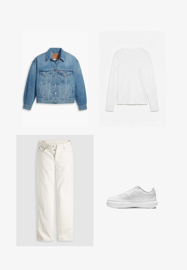 Chaqueta de denim azul claro con un diseño clásico, cierre de botones en el frente y dos bolsillos en el pecho. Presenta un cuello puntiagudo y mangas ligeramente oversize.; Camiseta blanca lisa de manga larga con cuello redondo, extendida sobre una superficie blanca, mostrando el frente y la longitud completa de la manga.; Vaqueros blancos de talle alto con pierna recta, cremallera de botones, bolsillos delanteros y traseros, y remaches de cobre visibles en las esquinas de los bolsillos.; Zapatillas blancas con parte superior de cuero liso, puntera redonda, detalles perforados y suela de goma blanca gruesa. Presenta el logotipo en el lateral y cordones planos.
