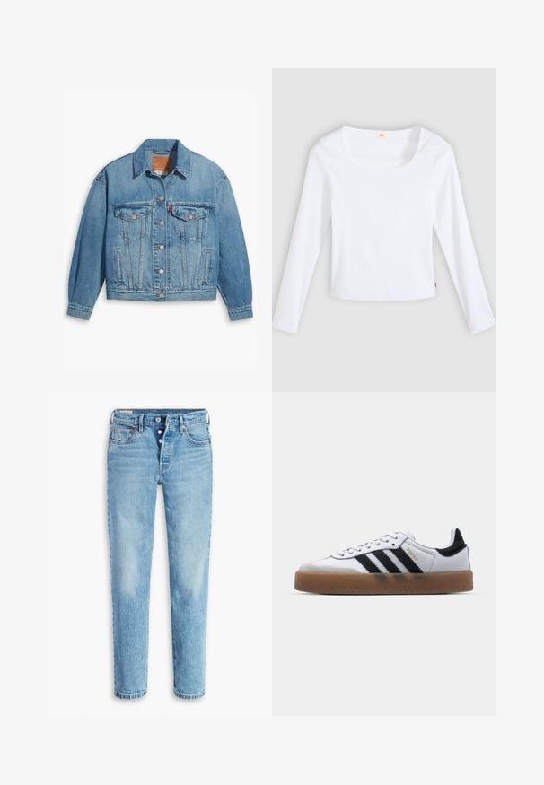 Lichtblauwe denimjas met een klassiek ontwerp, knoopsluiting aan de voorkant en twee borstzakken. Beschikt over een puntige kraag en licht oversized mouwen.; Witte longsleeve t-shirt van geribbelde stof, met een vierkante halslijn en een aansluitend model, voorzien van een klein logotag aan de zijkant.; Lichtblauwe denim jeans met een rechte pijpdesign, vijf zakken en een knopenrij. Heeft vervaagde gebieden en wassing voor textuur.; Witte leren sneakers met zwarte strepen, gumrubberen buitenzool, ronde neus, vetersluiting en een zachte grijze suède neuskap.