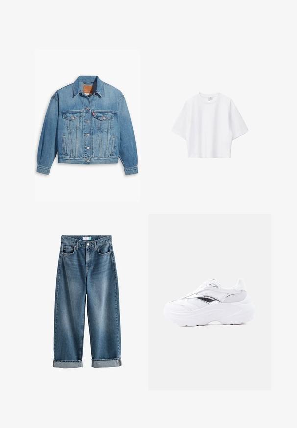 Hellblaues Denim-Jackett mit klassischem Design, Knopfleiste und zwei Brusttaschen. Verfügt über einen spitzen Kragen und leicht übergroße Ärmel.; Weißes, kurz geschnittenes T-Shirt aus weicher Baumwolle mit Rundhalsausschnitt, kurzen Ärmeln und lockerer Passform. Einfaches und vielseitiges Design.; Blaue Denim-Boyfriend-Jeans mit Umschlägen, vorderem Knopf- und Reißverschluss sowie sichtbaren Vordertaschen.; Weißer klobiger Sneaker mit Mesh- und Lederobermaterial, dicker Sohle, metallisch-silbernem Detail und „Karl Lagerfeld“-Branding an der Seite.