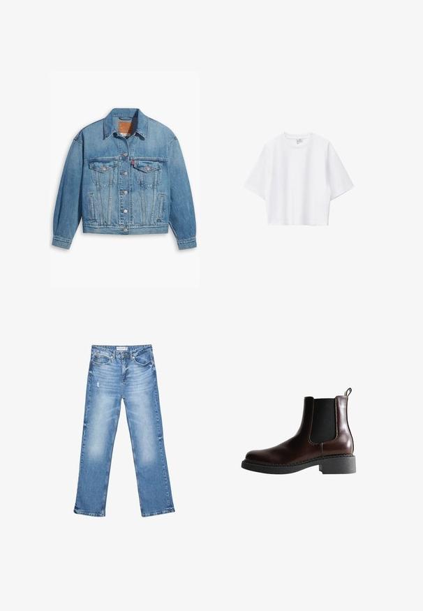 Hellblaues Denim-Jackett mit klassischem Design, Knopfleiste und zwei Brusttaschen. Verfügt über einen spitzen Kragen und leicht übergroße Ärmel.; Weißes, kurz geschnittenes T-Shirt aus weicher Baumwolle mit Rundhalsausschnitt, kurzen Ärmeln und lockerer Passform. Einfaches und vielseitiges Design.; Hellblaue Jeans aus Denim, mit geradem Bein, ausgewaschenen Stellen und subtilen Abnutzungen. Verfügt über fünf Taschen und einen klassischen Knopfverschluss.; Braune Leder-Boots mit elastischen Seitenteilen, runder Spitze und einer strukturierten schwarzen Gummisohle. Verfügt über kontrastierende Nähte und eine Ziehlasche.