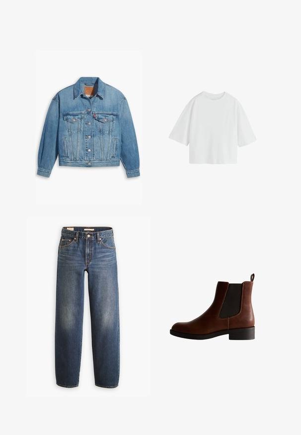 Lichtblauwe denimjas met een klassiek ontwerp, knoopsluiting aan de voorkant en twee borstzakken. Beschikt over een puntige kraag en licht oversized mouwen.; Effen witte oversized T-shirt met korte mouwen, een ronde hals en een losse pasvorm.; Donkerblauwe spijkerbroeken met een rechte pijp, voorzien van vijf zakken, koperen klinknagels en subtiele vervaging op de dijen.; Bruine leren enkelboot met elastische zijkanten, ronde neus en een lage blokhak. Kenmerkt zich door contrasterende stiksels en een trekband.