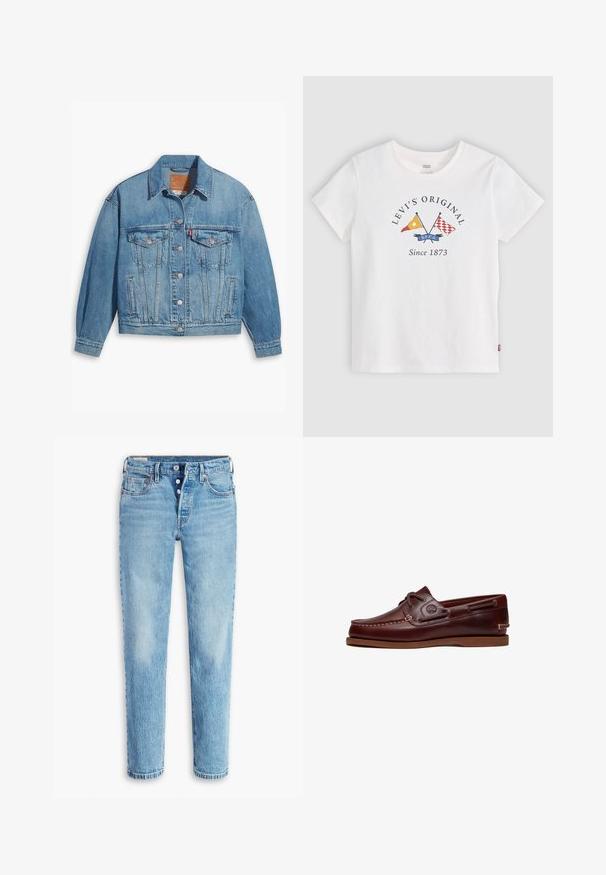 Chaqueta de denim azul claro con un diseño clásico, cierre de botones en el frente y dos bolsillos en el pecho. Presenta un cuello puntiagudo y mangas ligeramente oversize.; Camiseta blanca de manga corta Levi's con banderas cruzadas amarillas y rojas y texto "Levi's Original Since 1873" en el centro delantero.; Jeans de denim azul claro con un diseño de pierna recta, estilo de cinco bolsillos y cierre de botón. Presentan áreas deslavadas y efecto de arrugas para dar textura.; Zapato náutico de cuero marrón con cordones, detalles de costura y logo de Timberland en el lateral, mostrado sobre un fondo blanco.
