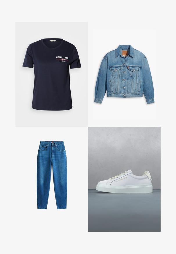 Chaqueta de denim azul claro con un diseño clásico, cierre de botones en el frente y dos bolsillos en el pecho. Presenta un cuello puntiagudo y mangas ligeramente oversize.; Camiseta de algodón azul marino con escote en V y mangas cortas, que presenta el texto del logo en blanco y rojo "GANT 1949" y detalles de diseño en el lado izquierdo del pecho.; Jeans de mezclilla azul con un diseño de pierna recta, cinco bolsillos, cierre de botón y cremallera, y un ligero desgaste que añade variación de textura.; Zapatilla blanca Tommy Hilfiger con suela gruesa y cordones, exhibida sobre un suelo exterior de madera con patrones y guijarros.