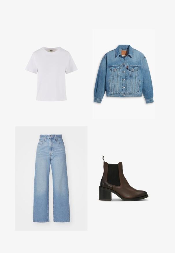 Chaqueta de denim azul claro con un diseño clásico, cierre de botones en el frente y dos bolsillos en el pecho. Presenta un cuello puntiagudo y mangas ligeramente oversize.; Camiseta de algodón blanca con mangas cortas, cuello redondo y corte recto. Textura suave, diseño sencillo, sin patrones ni acentos visibles.; Jeans de tiro alto y pernera ancha en azul claro, con cierre frontal de botón y cremallera, y bolsillos delantero y trasero, sobre un fondo blanco.; Botines de cuero marrón con paneles elásticos en los lados, un tacón bloque, textura suave y una lengüeta para facilitar su uso.