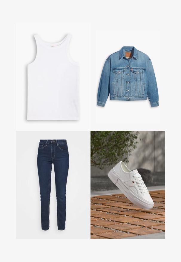 Veste en denim bleu clair au design classique, fermeture à boutons à l'avant et deux poches poitrine. Dotée d'un col pointu et de manches légèrement oversize.; Débardeur en coton blanc avec de larges bretelles, un col rond et une texture lisse et côtelée. Aucun motif ni accent présent.; Jean en denim bleu foncé avec une coupe slim, taille mi-haute, poches avant et fermeture éclair. Le tissu a une texture lisse.; Baskets en cuir blanc avec des lacets et un petit logo rouge, blanc et bleu, flottant au-dessus d'une surface extérieure en bois et galets à motif.
