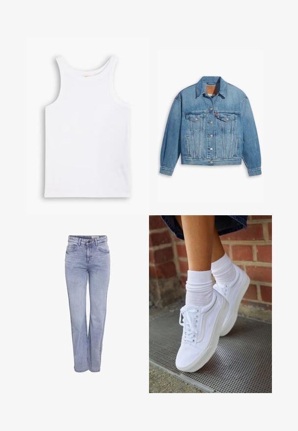 Lichtblauwe denimjas met een klassiek ontwerp, knoopsluiting aan de voorkant en twee borstzakken. Beschikt over een puntige kraag en licht oversized mouwen.; Witte katoenen tanktop met brede schouderbanden, een ronde halslijn en een gladde, geribbelde textuur. Geen patronen of accenten aanwezig.; Lichtblauwe rechte jeans van denim, met een knoopsluiting, vijf zakken en subtiele vervaging aan de voor- en achterkant.; Witte canvas sneakers met rubberen zolen, voorzien van zes vetertjes, een ronde neus en lichte stikdetails, gecombineerd met witte enkelsokken.