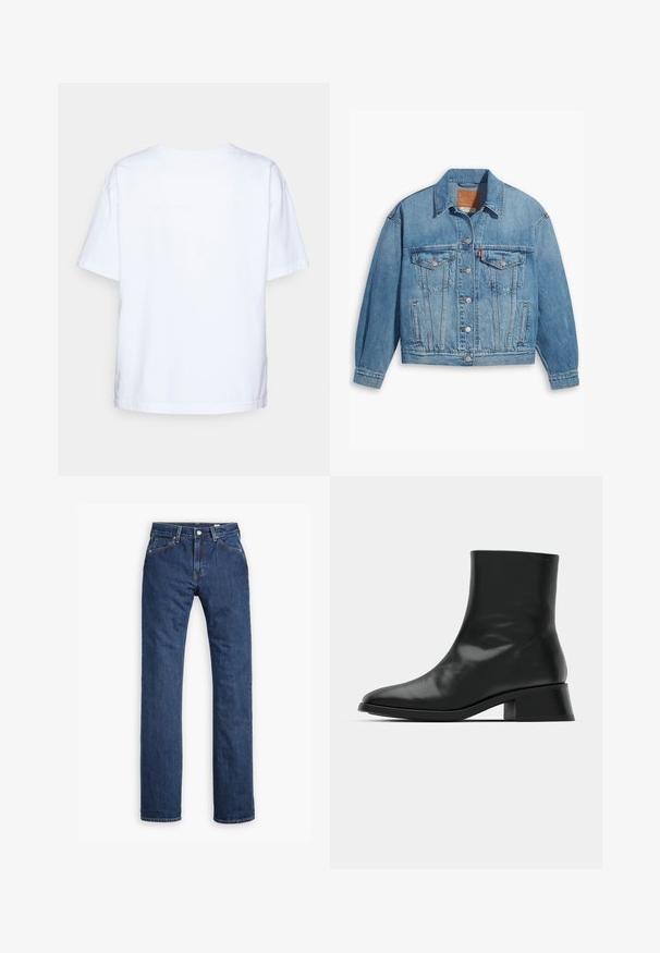 Chaqueta de denim azul claro con un diseño clásico, cierre de botones en el frente y dos bolsillos en el pecho. Presenta un cuello puntiagudo y mangas ligeramente oversize.; Camiseta de algodón blanca de manga corta vista desde atrás sobre un fondo gris claro.; Levi's® MOJ MIJ PLANK STRAIGHT - Vaqueros rectos - stems; Botín negro de tobillo hecho de cuero brillante, con un diseño elegante, punta afilada y un tacón bloque moderado para mayor estabilidad.
