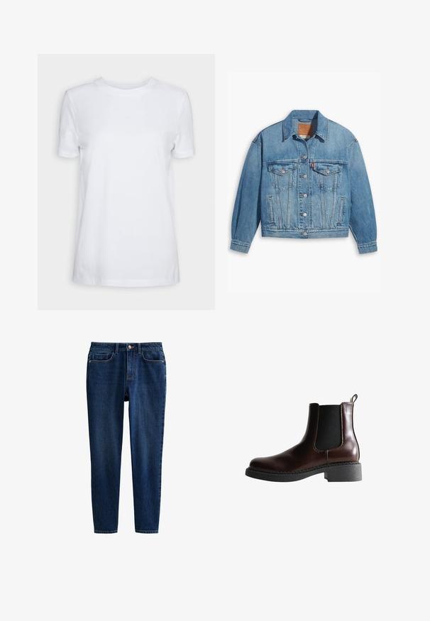 Lichtblauwe denimjas met een klassiek ontwerp, knoopsluiting aan de voorkant en twee borstzakken. Beschikt over een puntige kraag en licht oversized mouwen.; Effen wit T-shirt met korte mouwen en ronde hals, normale pasvorm en een klein label aan de binnenkant van de hals met de tekst "SELECTED FEMME."; Donkerblauwe denim jeans met een getailleerd ontwerp, vijf zakken en een ritssluiting met een frontknop. Zachte textuur met minimale vervaging.; Bruine leren enkelboot met elastische zijpanelen, ronde neus en een gestructureerde zwarte rubberen zool. Heeft contrasterende stiksels en een lusje aan de achterkant.