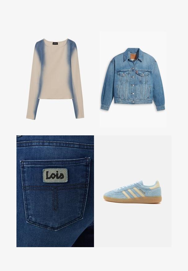 Lichtblauwe denimjas met een klassiek ontwerp, knoopsluiting aan de voorkant en twee borstzakken. Beschikt over een puntige kraag en licht oversized mouwen.; Langarmtop in lichtbeige, met een gradient blauw ontwerp. Glad textuur met een ronde halslijn en rechte zoom.; Donkerblauwe spijkerbroek met een achterzak waarop een vierkant lichtblauw label is bevestigd met de tekst "Lois" in zwarte cursieve letters.; Lichtblauwe suède Adidas sneaker met beige strepen en hieltab, rubbere zool en "SPEZIAL"-branding aan de zijkant.