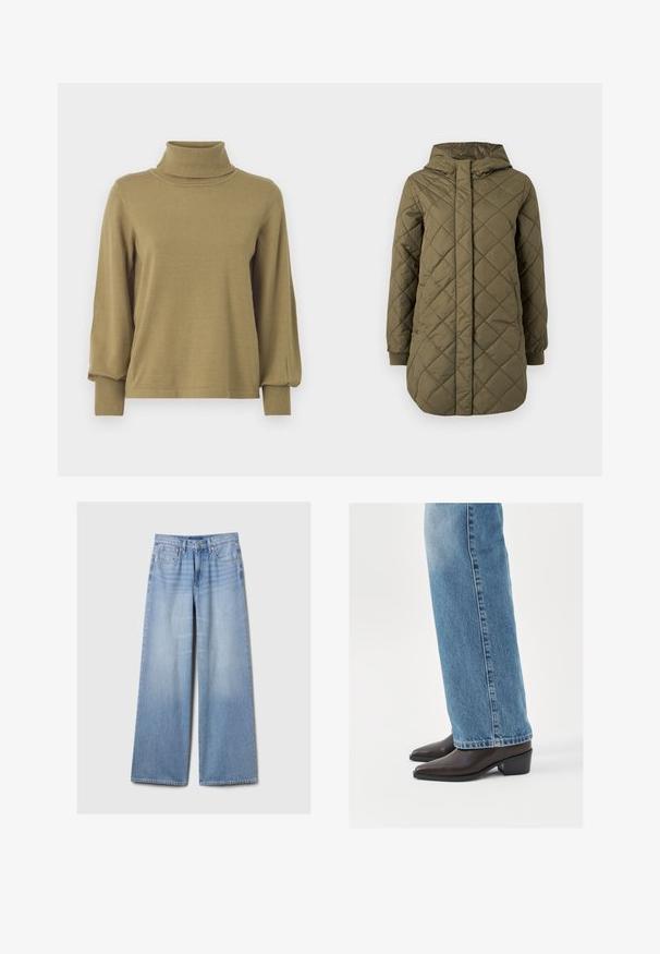 Oliivinvihreä tikattu takki hupulla, jossa on etuvetoketjusuljenta, pitkät hihat ja joustavat hihansuut lämmön ja mukavuuden takaamiseksi.; VILA VIAMANDA TURTLE NECK - Neule - gothic olive; Vaaleansiniset väljät farkut, joissa on etutaskut, vyölenkit sekä nappi- ja vetoketjusuljenta.; Ruske nahke čevlje do gležnjev s konično točko in blok peto, v kombinaciji z svetlo modrimi ravnimi kavbojkami, ki prikazujejo čist in preprost dizajn.