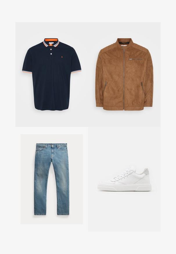 Brun ruskindsjakke med ståkrave, lynlås foran og to sidelommer. Har quiltede skulderdetaljer og glat tekstur.; Marineblå polo T-shirt i bomuld med krave, der har orange og grå striber, tre-knaps knaplukning og lille broderet logo på brystet.; Lyseblå denimjeans med lige snit, knaplynlås, fem lommer, diskret slid og syninger som detalje.; Hvide lædersneakers med en glat finish, rund tå, flade snørebånd og en struktureret sål. Grå ruskindsdetalje ved hælen.