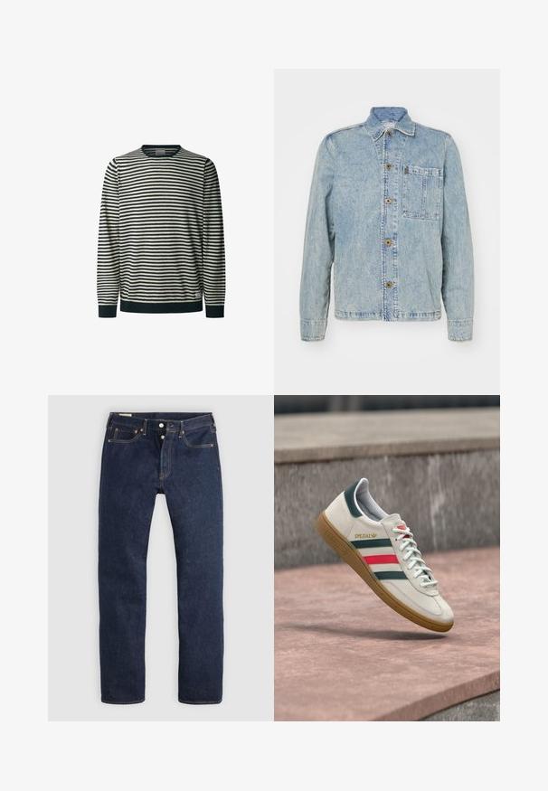 Chaqueta de denim azul claro con un cuello clásico, botones frontales y un bolsillo en el pecho. Presenta un corte relajado y detalles de costura visibles.; Suéter de manga larga a rayas en color crema y azul marino, con cuello redondo, que presenta líneas horizontales, puños y dobladillo acanalados, y una textura suave.; Vaqueros azul oscuro de pierna recta con bragueta de botones, bolsillos delanteros y traseros, y costuras de contraste, dispuestos planos sobre un fondo claro.; Zapatilla blanca Adidas con franjas verdes y rojas, suela de goma y marca "SPEZIAL" flotando sobre pavimento de piedra.