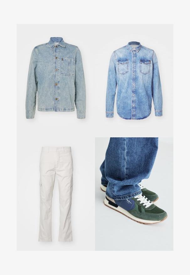 Heledsinine denim-jakk klassikalise kraega, eesnuppudega ja rinna taskuga. Omab lõdva istuvust ja nähtavaid õmbluse detaile.; Heled sinine teksajakk pikkade varrukatega, nööpidega krae, kaks rinnataskut ja kontrastõmblemine. Ümar alläär ja klassikaline lõige.; Beige puuvillased cargo püksid küljetaskutega, sirgete jalgadega, vöökohaga silmuste ja vetseldamise ning nööbi sulgemisega.; Roheline ja tumesinine spordijalatsid, millel on võrkpind ja seemisnahast detailid, valged paelad ja beež tald. Kantud siniste teksadega, mis paljastavad pahkluude ala.