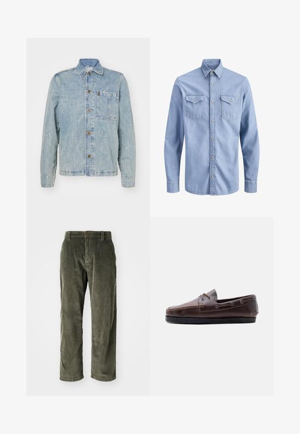 Heledsinine denim-jakk klassikalise kraega, eesnuppudega ja rinna taskuga. Omab lõdva istuvust ja nähtavaid õmbluse detaile.; Helehall sinine teksariidest pikkade varrukatega särk, millel on pressnööbid, terav krae ja kaks rinnataskut klapiga, mis sulguvad nööpidega.; Oliivrohelised põlvpüksid, millel on vertikaalne ribastus, varustatud nööbiga kinnitusega ja sirge jala disainiga. Pehme tekstuur klassikalise lõikega.; Pruun nahast mokassiin musta tallaga, kummalgi küljel ja esiosas paeladetailidega, külgvaates valgel taustal.