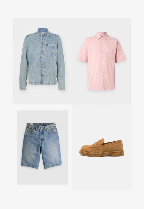 Lyseblå denimjakke med en klassisk krave, forreste knapper og en brystlomme. Har en afslappet pasform og synlige syninger.; Kortærmet, knap-op skjorte i lyserødt linned med en frontlomme og et lille mærke på brystet. Krave-design.; Lyseblå denimshorts med klassisk snit. Har fem lommer, orange stikninger og rå skærmkanter.; The Antipode COLLEGE - Loafers - ocher