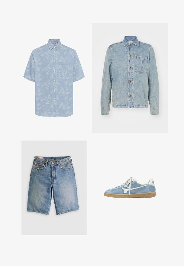 Lyseblå denimjakke med en klassisk krave, forreste knapper og en brystlomme. Har en afslappet pasform og synlige syninger.; Lysblå kortærmet skjorte med hvidt blomsterprint, knaplukning foran og enkelt brystlomme. Lavet af denim-lignende materiale.; Lyseblå denimshorts med klassisk snit. Har fem lommer, orange stikninger og rå skærmkanter.; Lyseblå og hvide lave sneakers med mesh og ruskindsoverdel, hvide snørebånd og gummisål.