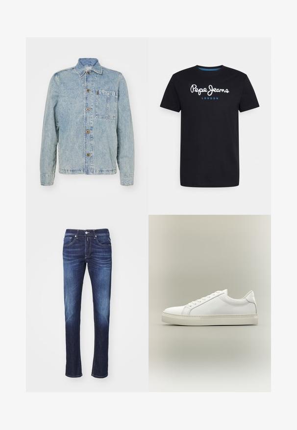 Hellblaues Denimjackett mit klassischem Kragen, vorderen Knöpfen und einer Brusttasche. Es hat eine lockere Passform und sichtbare Nähte.; Schwarzes Baumwoll-T-Shirt mit einem weißen Schriftlogo "Pepe Jeans" und blauen Akzenten, Rundhals und kurzen Ärmeln. Einfaches, schlichtes Design.; Dunkelblaue Jeans aus Denim mit geradem Schnitt, ausgestattet mit fünf Taschen, einem Knopfverschluss und sanften Verwaschungen entlang der Oberschenkel.; Weißer Sneaker mit niedrigem Schaft, vorn mit Schnürung und dicker Sohle, aus der Seitenansicht vor neutralem Hintergrund.