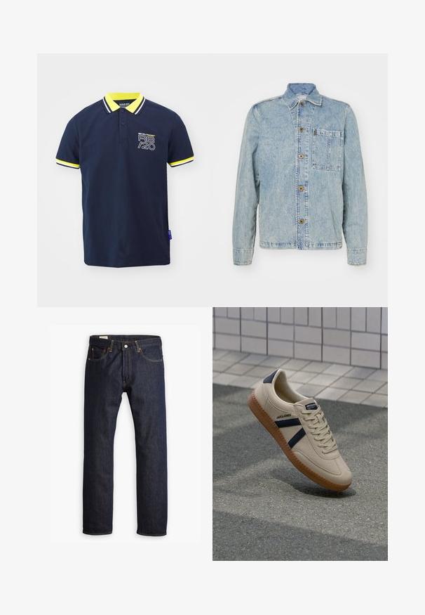Hellblaues Denimjackett mit klassischem Kragen, vorderen Knöpfen und einer Brusttasche. Es hat eine lockere Passform und sichtbare Nähte.; Navyblaues Poloshirt mit gelben und weißen gestreiften Kragen- und Ärmelakzenten. Verfügt über das Red Bull Racing-Logo auf der Vorderseite. Kurzärmliges Design.; Dunkelblaue Jeans aus Denim mit geradem Bein, orangefarbener Naht und Fünf-Taschen-Stil sowie einer Metallknopfverschluss.; Beige Sneaker mit strukturierter Oberfläche, dunkelblauen Streifen und Gummisohle. Verfügt über eine gepolsterte Zunge und ein traditionelles Schnürsystem für einen sicheren Sitz.