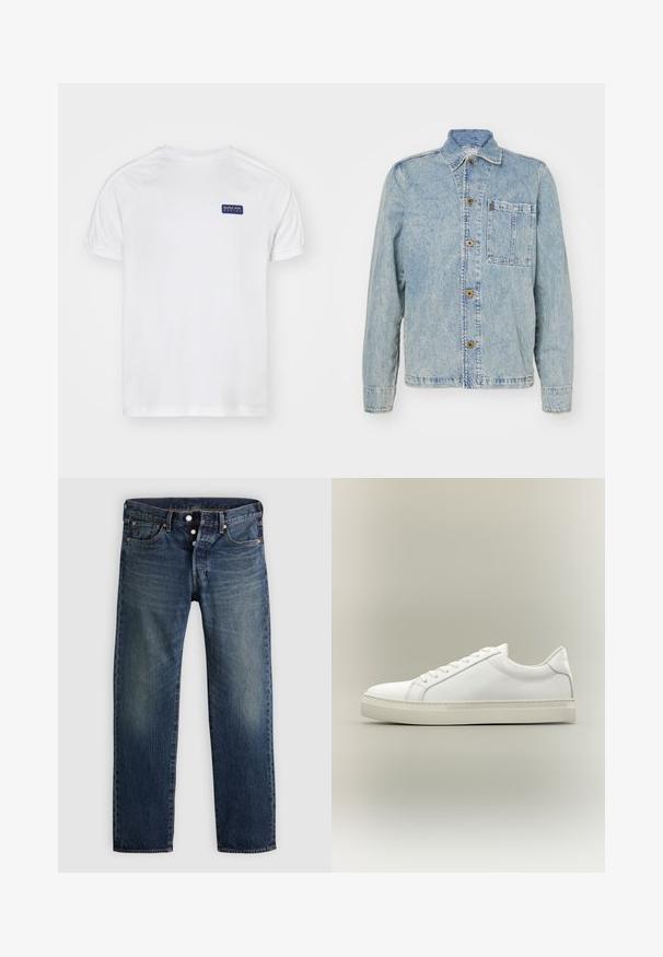 Lyseblå denimjakke med en klassisk krave, forreste knapper og en brystlomme. Har en afslappet pasform og synlige syninger.; Hvid kortærmet t-shirt med raglanærmer, der har et blåt rektangulært logo på venstre bryst og en subtil tekstur på stoffet.; Klassiske jeans med lige ben lavet af blå denim, med fem lommer, knapgylp og diskret falming samt kobbernitter og syningsdetaljer.; Hvid lavtop sneaker med snørebånd foran og tyk sål, vist fra siden mod en neutral baggrund.
