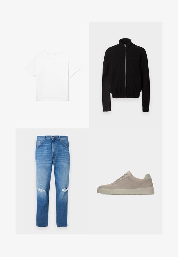 Zwarte lange mouwen jas met hoge kraag, zilveren rits aan de voorkant, elastische manchetten en tailleband, weergegeven op een eenvoudige lichte achtergrond.; Witte katoenen T-shirt met korte mouwen, een ronde halslijn en een rechte zoom. Glad textuur zonder zichtbare patronen of accenten.; Blauwe denim jeans met knoop en ritssluiting aan de voorkant, vijfzakkenontwerp en versleten scheuren op beide knieën.; Beige suède sneakers met een gestructureerde afwerking, ronde neus en tonale veters. Voorzien van een dikke rubberen zool en subtiele branding op de hiel.