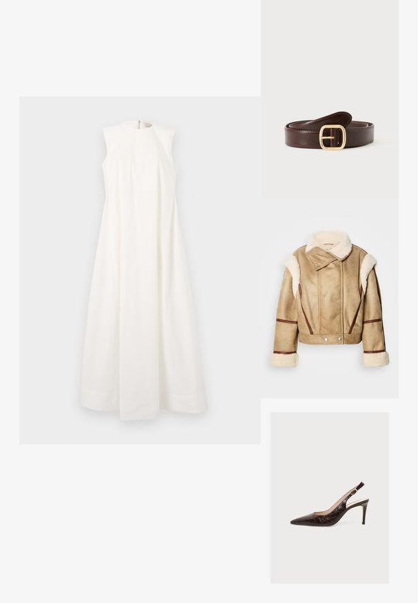 Korte beige schapenvacht jas met een bruine leren rand, brede kraag en zilveren drukknoopsluitingen. Zachte textuur met opvallende stikdetails.; Mouwloze jurk van witte stof, met een ronde halslijn en een uitlopende silhouet, voorzien van een onzichtbare rits aan de achterkant en een afgewerkte zoom.; Donkerbruine leren slingback met krokodillenprint, hoge hak, spits toelopende neus en gouden gespsluiting op witte achtergrond.; Donkerbruine leren riem met een afgeronde gouden gesp, opgerold en geplaatst op een lichtgrijze achtergrond.
