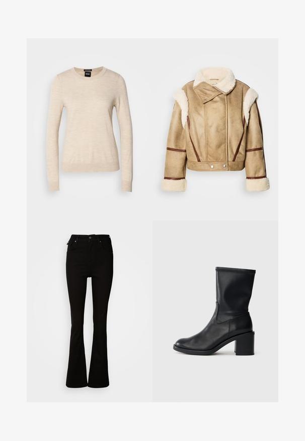 Korte beige schapenvacht jas met een bruine leren rand, brede kraag en zilveren drukknoopsluitingen. Zachte textuur met opvallende stikdetails.; BOSS FERPINA - Trui - light beige; Zwarte flared jeans van denim, met een hoge taille, voorzakken en een klassiek vijf-pocket ontwerp met metalen accenten.; Zwarte leren enkellaars met een ronde neus, een gladde textuur en een chunky hak, met een strak schacht en subtiele stiksels.