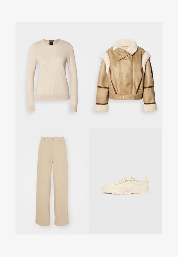 Korte beige schapenvacht jas met een bruine leren rand, brede kraag en zilveren drukknoopsluitingen. Zachte textuur met opvallende stikdetails.; BOSS FERPINA - Trui - light beige; Beige flared broek gemaakt van katoen. Heeft twee grote voorkruiden en een metalen knoopsluiting bij de tailleband. Gladde textuur.; Low-profile sneaker in crèmekleur met golvende stiksels, vetersluiting en een geribbelde zool, zijaanzicht tegen een effen achtergrond.