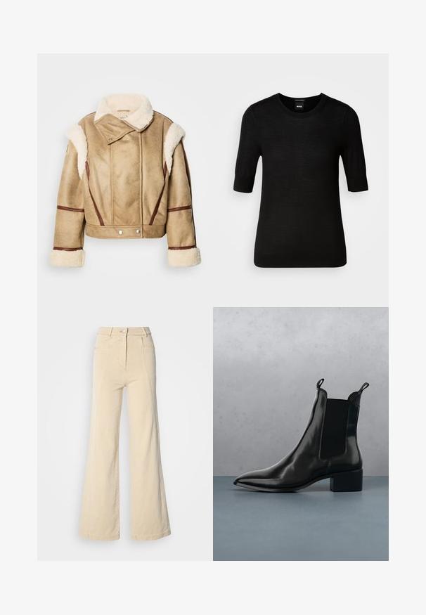 Beskåret beige shearling-jakke med brunt læderbeslag, bred krave og sølvfarvede trykknapper. Blød tekstur med fremtrædende syninger.; Sort T-shirt med korte ærmer lavet af fin merinould. Rund halsudskæring, slim fit, glat tekstur, minimalt design, ingen synlige mønstre eller accenter.; Beige vidde jeans med høj talje, forlommer og kontrasterende syninger, udstyret med en knaplukning og en glat bomuldsstruktur.; Sort læder Chelsea boot med spids tå, elastiske sidepaneler og en kraftig hæl, hvilende over en overflade med sten- og trædesign.