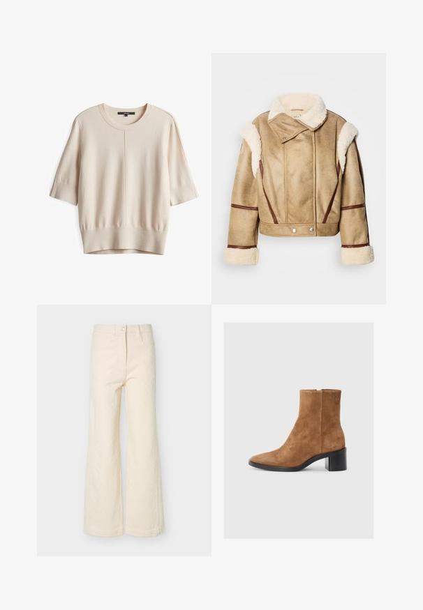 Korte beige schapenvacht jas met een bruine leren rand, brede kraag en zilveren drukknoopsluitingen. Zachte textuur met opvallende stikdetails.; Lichtbeige korte mouwen sweater met een ronde hals, ribgebreide manchetten en tailleband; heeft een gladde, gestructureerde brei en centrale naaddetails.; Crèmekleurige wijde broek met hoge taille, met knopen aan de voorkant, ritssluiting, riemlussen en subtiele textuur in de stof.; Bruine suède enkellaars met een spitse neus, een middellange blokhak en subtiele, geperforeerde logo-detail. Ritsluiting aan de zijkant.