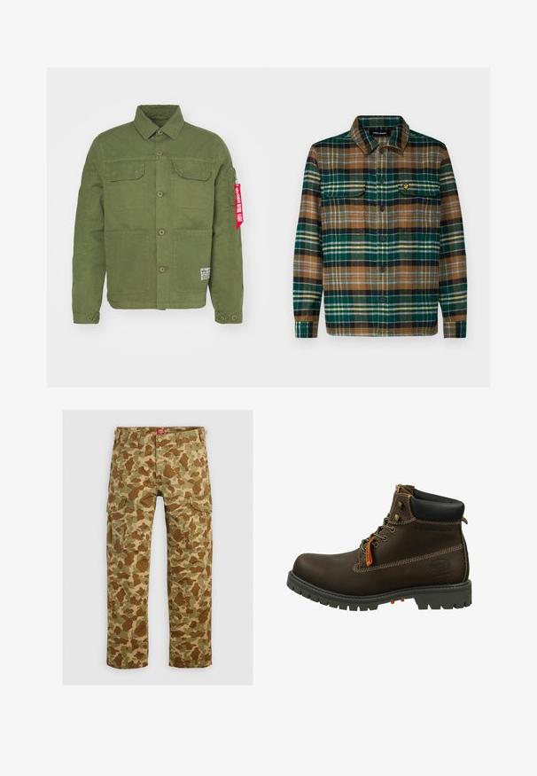 Grüne Baumwolljacke mit zwei Fronttaschen, Knopfverschluss und einem roten Stoffetikett an der Ärmeln. Sie verfügt über einen Kragen und Schulterdetails.; Karierte Flanellhemd in Grün, Braun und Schwarz mit Knopfleiste, zwei Brusttaschen und einem kleinen gestickten Logo auf der linken Tasche.; Tarnfarbe Cargo-Hose in verschiedenen Grüntönen und Brauntönen, mit mehreren Taschen und einer lockeren Passform, aus strapazierfähigem Material.; Dockers by Gerli Schnürstiefelette - schoko