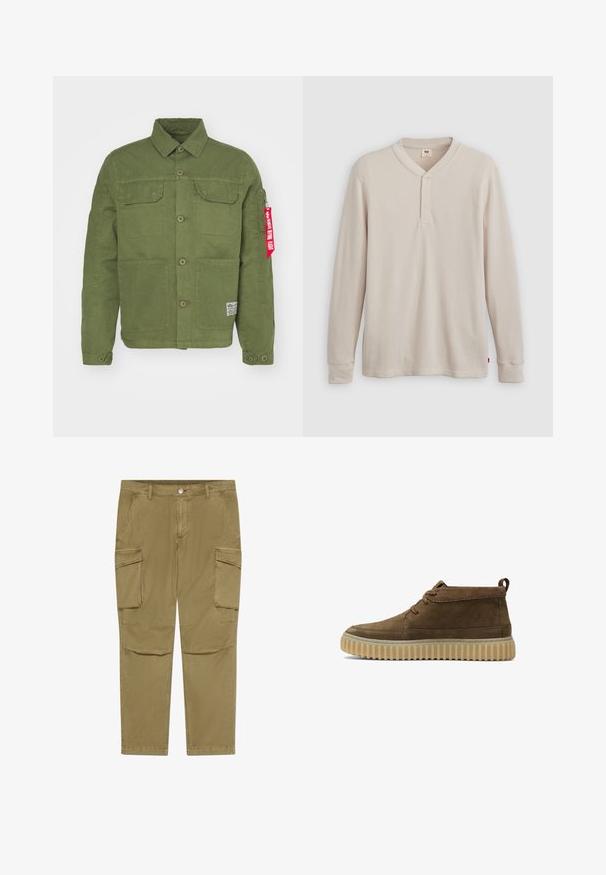 Chaqueta de algodón verde con dos bolsillos frontales, cierre de botones y una etiqueta de tela roja en la manga. Presenta un cuello y detalles en los hombros.; Camisa tipo henley de manga larga en tejido acanalado color beige claro, con escote en V,tapeta de tres botones, y mangas con puños. Etiqueta de logo roja en el dobladillo.; Pantalones cargo caqui con cierre de botón y cremallera, que cuentan con bolsillos con solapa lateral y bolsillos frontales angulados.; Botines de ante marrón con punta redondeada, costuras mínimas y suela de goma gruesa y texturizada. Presenta un diseño de cordones y una pestaña en el talón.