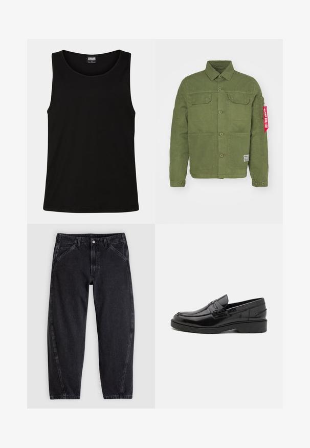 Groene katoenen jas met twee voorzakken, knoopsluiting en een rood stoffen label op de mouw. Heeft een kraag en schouderdetails.; Zwarte tanktop gemaakt van zachte katoenstof. Beschikt over een ronde halslijn en ruime armsgaten, zonder zichtbare patronen of accenten.; Zwarte spijkerbroek met een losse pasvorm, voorzien van een standaard tailleband, ontwerp met vijf zakken en contrasterende stiksels langs de naden.; Zwarte leren instappers met een gladde afwerking, ronde neus, lage hak en decoratieve stiksels aan de voorkant. Rubberen buitenzool voor grip.