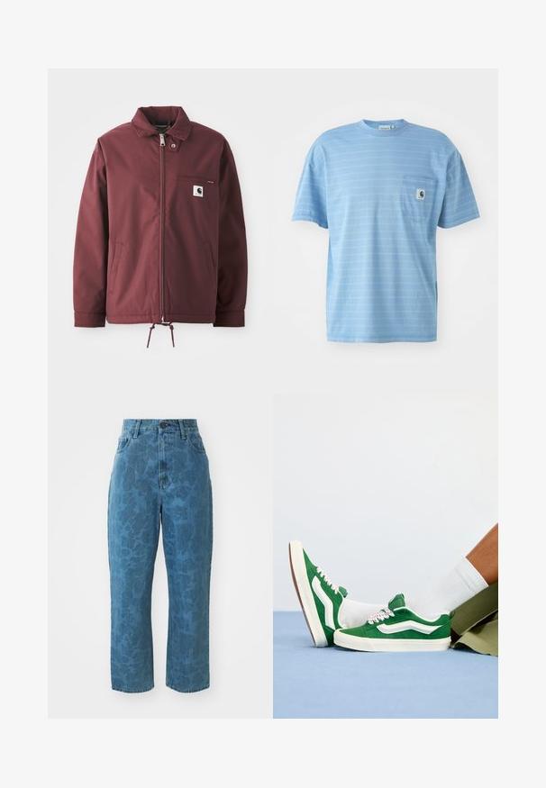 Chaqueta de utilidad burdeos hecha de un tejido duradero. Cuenta con cierre de cremallera en el frente, cuello alto, bolsillo en el pecho y cordón ajustable en el dobladillo.; Camiseta de manga corta azul claro con rayas horizontales. Cuenta con un bolsillo en el pecho con un parche de logo. Fabricada en material de algodón suave.; Vaqueros de mezclilla azul claro con una textura de patrón sutil, cintura alta y corte recto. Cuenta con un cierre frontal de botón y cremallera.; Zapatillas de ante verde con acentos blancos, cordones texturizados que presentan detalles en rosa y una suela de goma beige, combinadas con calcetines blancos y pantalones cortos verdes.