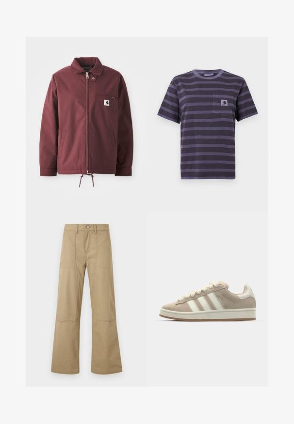 Burgunderfarbene Utility-Jacke aus strapazierfähigem Material. Mit einem Reißverschluss vorne, Stehkragen, Brusttasche und verstellbarem Kordelzug am Saum.; Lila gestreiftes T-Shirt mit einer Tasche auf der linken Brust, versehen mit horizontalen schwarzen Streifen. Weiches Material, kurze Ärmel, Rundhalsausschnitt.; Beige hoch taillierte Hosen mit weitem Bein, vorderen aufgesetzten Taschen, Gürtelschlaufen und Knopfverschluss. Einfacher, strapazierfähiger Stoff mit sichtbaren Nähten.; Hellbeige Wildlederschuhe mit weißen Lederstreifen und -schnürsenkeln, Gummisohle, gepolstertem Kragen und strukturierten Details auf der Oberseite.