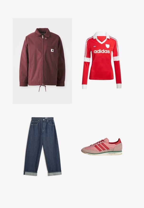 Burgunderfarbene Utility-Jacke aus strapazierfähigem Material. Mit einem Reißverschluss vorne, Stehkragen, Brusttasche und verstellbarem Kordelzug am Saum.; Rotes Fußballtrikot mit langen Ärmeln, weißem Kragen und weißen Ärmelbündchen. Es hat drei weiße Streifen auf den Schultern und das "adidas"-Logo ist auffällig platziert.; Dunkelblaue, weit geschnittene Jeans aus Denim mit umgeschlagenen Säumen, vorderem Knopf und Reißverschluss, Gürtelschlaufen und fünf Taschen.; Pink-rote Adidas-Sneaker mit Wildleder an Zehen- und Fersenpartie, roten Schnürsenkeln, grünem Streifen über der weißen Sohle, seitlich betrachtet.
