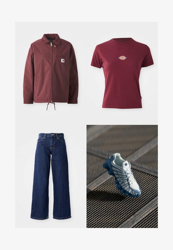 Bordeaux utilityjakke lavet af slidstærkt stof. Har lynlås front, standkrave, brystlomme og justerbar snor i kanten.; Bordeaux kortærmet t-shirt lavet af bomuld med rund halsudskæring og et lille multicoloreret "Dickies" logo på brystet.; Mørkeblå vide jeans lavet af denim, med knap- og lynlåslukning, bæltesløjfer og klassisk fem-lomme design.; Hvide og blå atletiske sko med mesh-overdel og segmenteret sål, som hviler på metalristgulv.