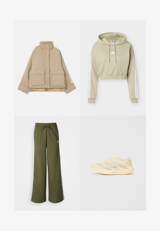 Beige gewatteerde jas met opstaande kraag, twee grote voorvakken met kleppen en witte strepen langs de mouwen op een lichte achtergrond.; Beige cropped hoodie met wit Adidas-logo op de borst en drie witte strepen die over elke mouw lopen, voorzien van een capuchon met trekkoord.; Olijfgroene wijde joggingbroek van zachte stof, voorzien van een tailleband met trekkoord en witte strepen aan de zijkant. Adidas-logo in zilver.; Lichtgewicht hardloopschoen in lichtgeel en roomwit, met een gestructureerde mesh bovenzijde, drie diagonale strepen en een dikke buitenzool met "LIGHTSTRIKE PRO" detail.