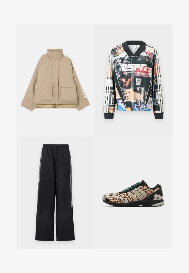 Chaqueta acolchada beige con cuello alto, dos grandes bolsillos frontales con solapa y rayas blancas que recorren las mangas sobre un fondo claro.; Camiseta deportiva de manga larga de Adidas con collage de imágenes deportivas vintage, logotipo de ESPN y texto "No hay lugar como los deportes".; Pantalones de chándal negros de pierna ancha con cinturilla elástica y tres rayas blancas a cada lado de cada pierna.; adidas Originals ADIZERO ADIOS OG - Zapatillas - grey two/core black/court green