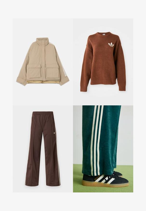 Chaqueta acolchada beige con cuello alto, dos grandes bolsillos frontales con solapa y rayas blancas que recorren las mangas sobre un fondo claro.; Sudadera marrón de punto con cuello redondo, hombros caídos, puños acanalados y un logotipo blanco bordado en el pecho izquierdo.; Pantalones deportivos marrones con diseño de pierna ancha, franjas laterales blancas, cintura elástica y dos bolsillos laterales. Presentan un pequeño logo en la pierna.; Pantalones verdes texturizados con franjas laterales blancas, combinados con zapatillas Adidas negras que presentan tres franjas blancas y una suela de goma.