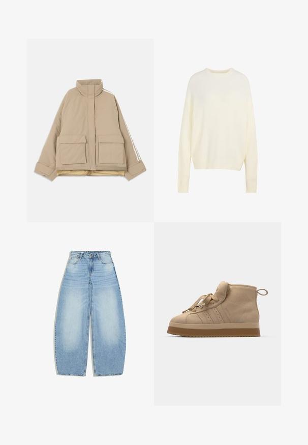 Beige gewatteerde jas met opstaande kraag, twee grote voorvakken met kleppen en witte strepen langs de mouwen op een lichte achtergrond.; Gebreide trui in crèmekleur met lange mouwen, geribde ronde hals, manchetten en zoom, getoond op een witte achtergrond.; Lichtblauwe wijde spijkerbroek met voorzakken, riemlussen en een knoop- en ritssluiting.; Beige suède high-top sneakers met een dikke rubberen zool, voorzien van een opvouwbare tong, ronde neus en decoratieve veters.