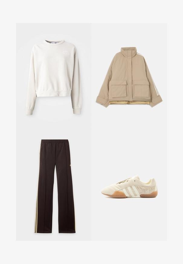 Beige vatteret jakke med opretstående krave, to store frontlommer med klap og hvide striber, der løber ned ad ærmerne, på en lys baggrund.; Cremefarvet cropped sweatshirt lavet af blødt stof, med rund halsudskæring, lange ærmer og et broderet logo på brystet.; Sorte træningsbukser med gule sidelister, elastisk taljebånd, lynlåslommer i siderne og en lille logo på den øvre lår.; Lavprofileret beige sneaker med tre hvide striber, teksturerede ruskindssidepaneler, gummisål og snørelukning på ensfarvet baggrund.