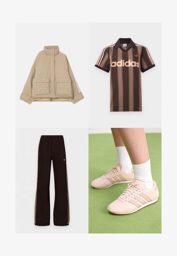 Beige vatteret jakke med opretstående krave, to store frontlommer med klap og hvide striber, der løber ned ad ærmerne, på en lys baggrund.; Brunstribet Adidas polo-shirt med V-hals, bordeaux krave og rødt logo. Har hvide og røde skulderstriber samt korte ærmer.; Sorte strikkede bukser med vide ben, beige sidelister, elastisk talje, snøre og lille logo på venstre lår.; Lyselyserøde træningssko med diagonal syning, hvide såler og tre sidelægstriber. Båret med ribbede hvide sokker på en grøn overflade.