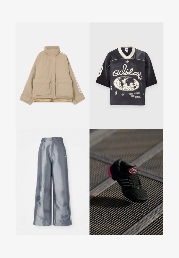 Beige gesteppte Jacke mit Stehkragen, zwei großen vorderen Klappentaschen und weißen Streifen, die an den Ärmeln entlanglaufen, vor hellem Hintergrund.; Schwarzes Sport-Trikot aus Mesh mit lockerem Schnitt, cremefarbenen Akzenten, V-Ausschnitt und Grafiken, darunter eine Weltkugel und Sterne.; Weite Hose aus glänzendem grauem Material, ausgestattet mit weißen seitlichen Streifen und einem Flammenmuster an den Unterschenkeln. Knopf- und Reißverschlussverschluss an der Taille.; Schwarzer Sportschuh mit Netzobermaterial, pinken Akzenten und schwarzen gestreiften Details. Verfügt über eine strukturierte Außensohle und ein Logo-Label an der Ferse.