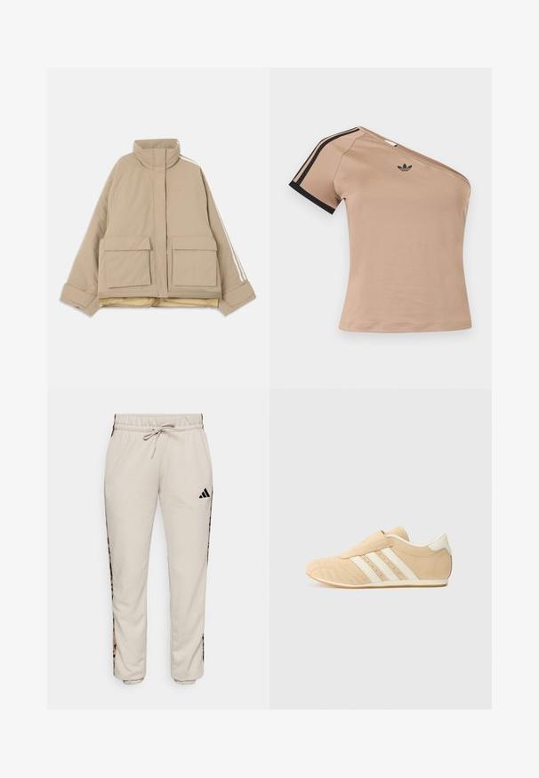 Beige gesteppte Jacke mit Stehkragen, zwei großen vorderen Klappentaschen und weißen Streifen, die an den Ärmeln entlanglaufen, vor hellem Hintergrund.; Beiger Ein-Schulter-Sporttop mit schwarzen Streifen am kurzen Ärmel und kleinem schwarzem Adidas-Logo auf der Brust.; Hellbeige Sweatpants aus weichem Stoff, mit einem verstellbaren Bund und schwarzen Seitenpaneelen mit einem Leopardenmuster.; Tan- und cremefarbene Sportschuhe mit einem glatten Lederoberteil, drei weißen Streifen an der Seite und einer abgerundeten Zehenpartie. Strukturiertes Obermaterial mit Perforationen.